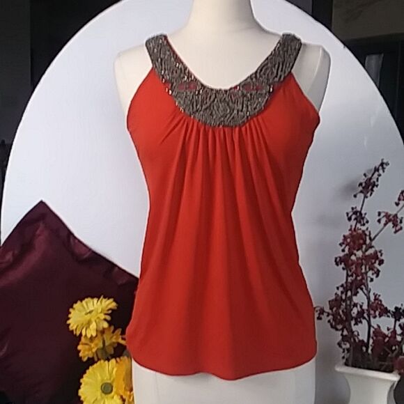 Beaded Burnt Orange Sleeveless Blouse Smock Top w/ Bronze & Stone Beads … - Picture 1 of 9